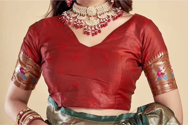 Dark_Green_Silk_Blend_Paithani_Saree_With_Unstitched_Blouse_Piece