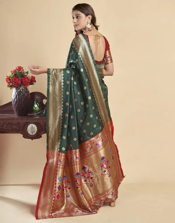 Dark_Green_Silk_Blend_Paithani_Saree_With_Unstitched_Blouse_Piece