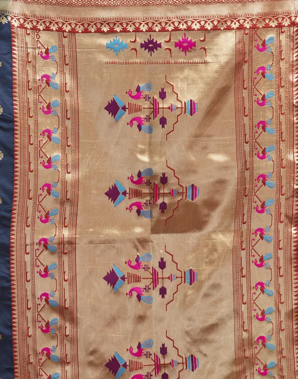 Navy_Blue_Silk_Blend_Paithani_Saree_With_Unstitched_Blouse_Piece