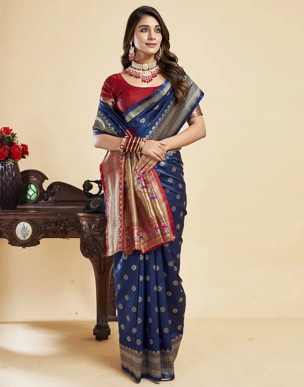 Navy_Blue_Silk_Blend_Paithani_Saree_With_Unstitched_Blouse_Piece