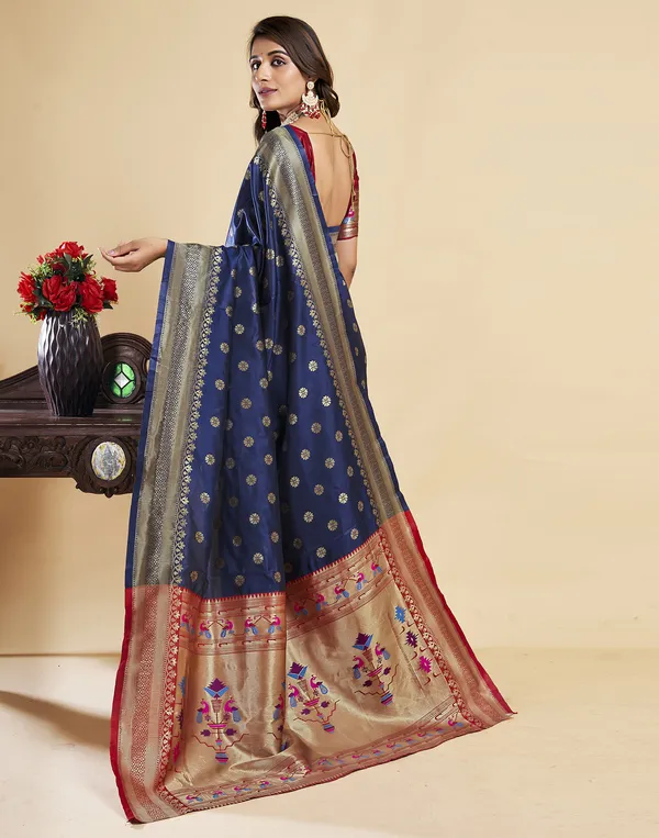 Navy_Blue_Silk_Blend_Paithani_Saree_With_Unstitched_Blouse_Piece