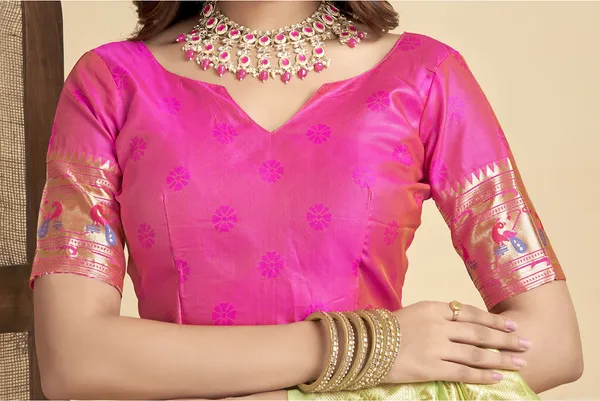 Lemon_Yellow_Elegant_Silk_Blend_Paithani_Saree_With_Unstitched_Blouse_Piece