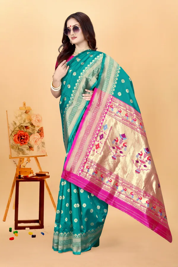 Teal_Silk_Blend_Paithani_Saree_With_Unstitched_Blouse_Piece