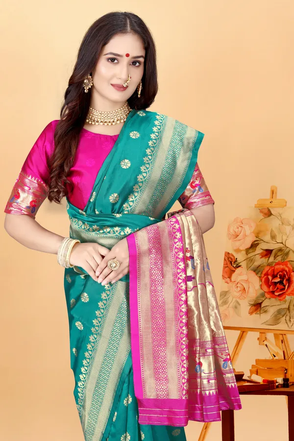Teal_Silk_Blend_Paithani_Saree_With_Unstitched_Blouse_Piece