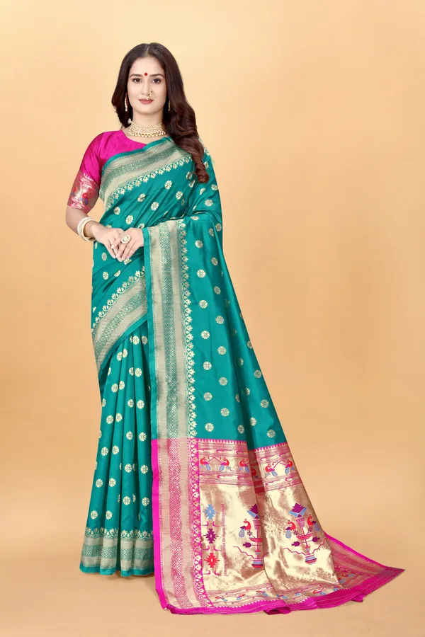 Teal_Silk_Blend_Paithani_Saree_With_Unstitched_Blouse_Piece