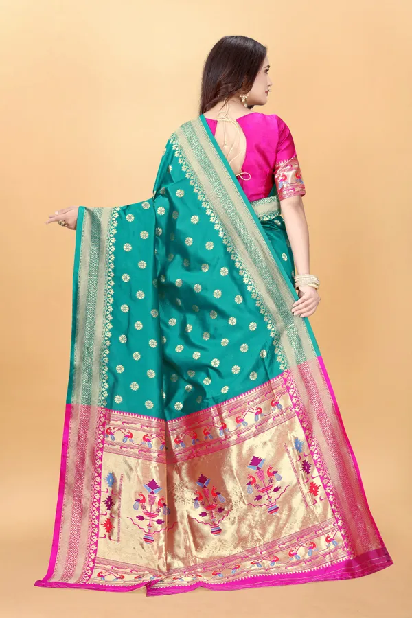 Teal_Silk_Blend_Paithani_Saree_With_Unstitched_Blouse_Piece