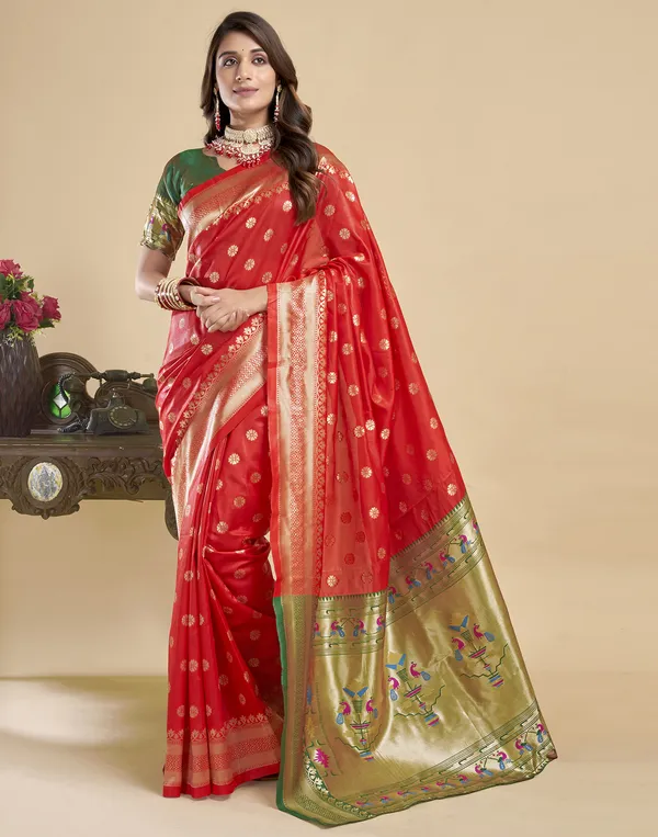 Red_Silk_Blend_Paithani_Saree_With_Unstitched_Blouse_Piece