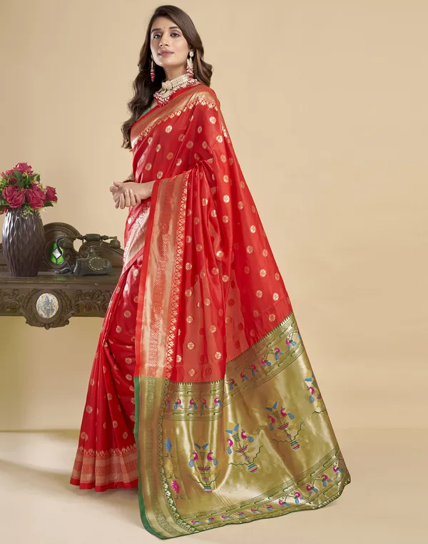 Red_Silk_Blend_Paithani_Saree_With_Unstitched_Blouse_Piece