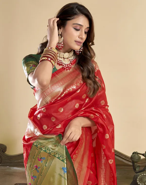Red_Silk_Blend_Paithani_Saree_With_Unstitched_Blouse_Piece
