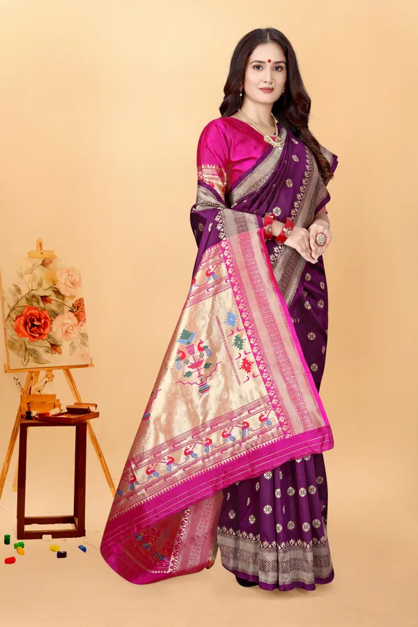 Wine_Silk_Blend_Paithani_Saree_With_Unstitched_Blouse_Piece