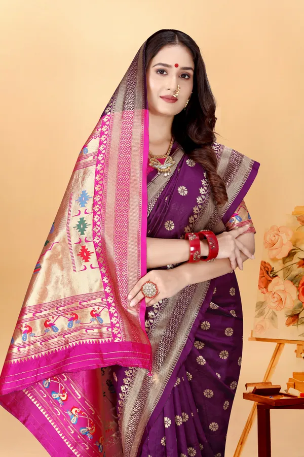Wine_Silk_Blend_Paithani_Saree_With_Unstitched_Blouse_Piece