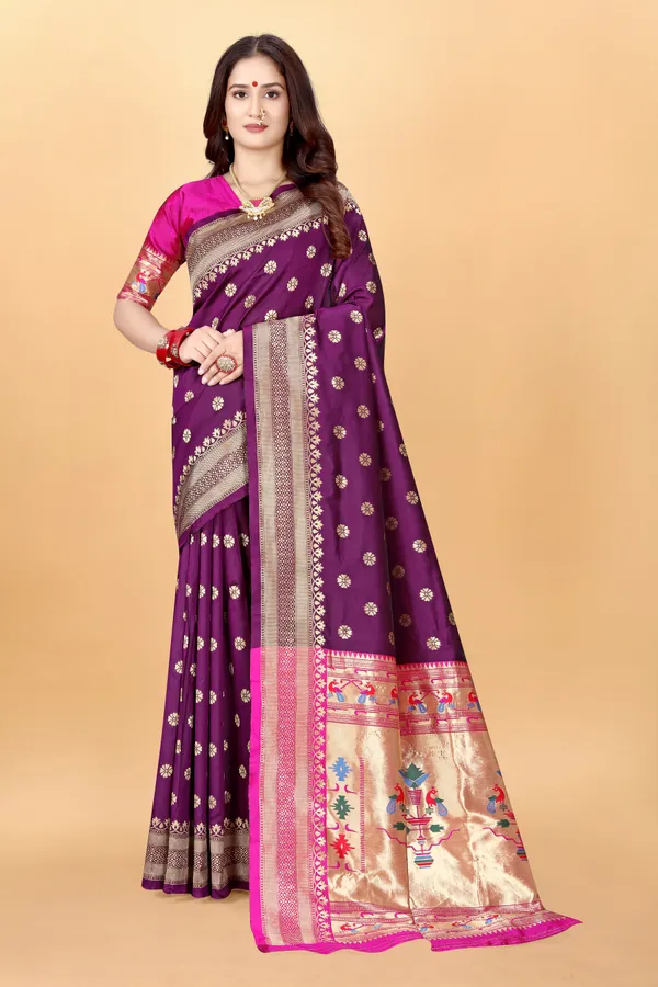 Wine_Silk_Blend_Paithani_Saree_With_Unstitched_Blouse_Piece