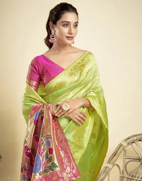 Lemon_Yellow_Elegant_Silk_Blend_Paithani_Saree_With_Unstitched_Blouse_Piece