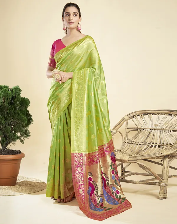 Lemon_Yellow_Elegant_Silk_Blend_Paithani_Saree_With_Unstitched_Blouse_Piece