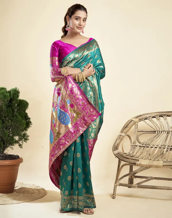 Teal_Elegant_Silk_Blend_Paithani_Saree_With_Unstitched_Blouse_Piece