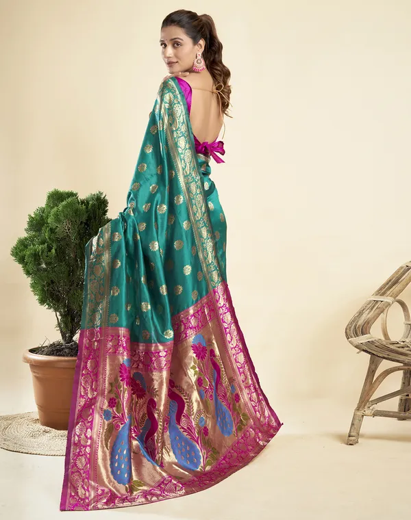 Teal_Elegant_Silk_Blend_Paithani_Saree_With_Unstitched_Blouse_Piece