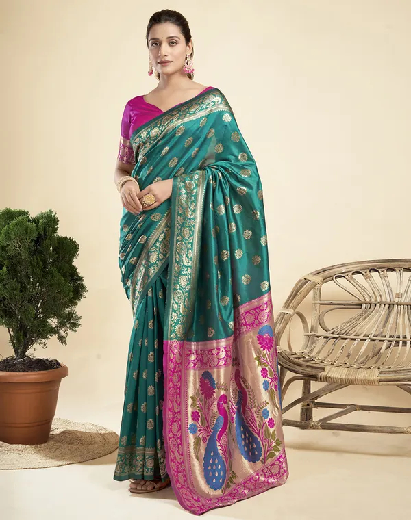 Teal_Elegant_Silk_Blend_Paithani_Saree_With_Unstitched_Blouse_Piece
