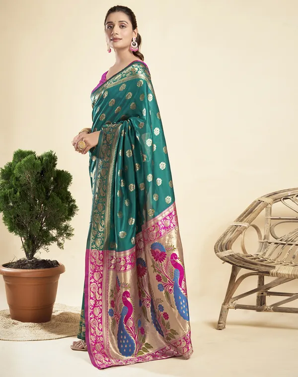 Teal_Elegant_Silk_Blend_Paithani_Saree_With_Unstitched_Blouse_Piece
