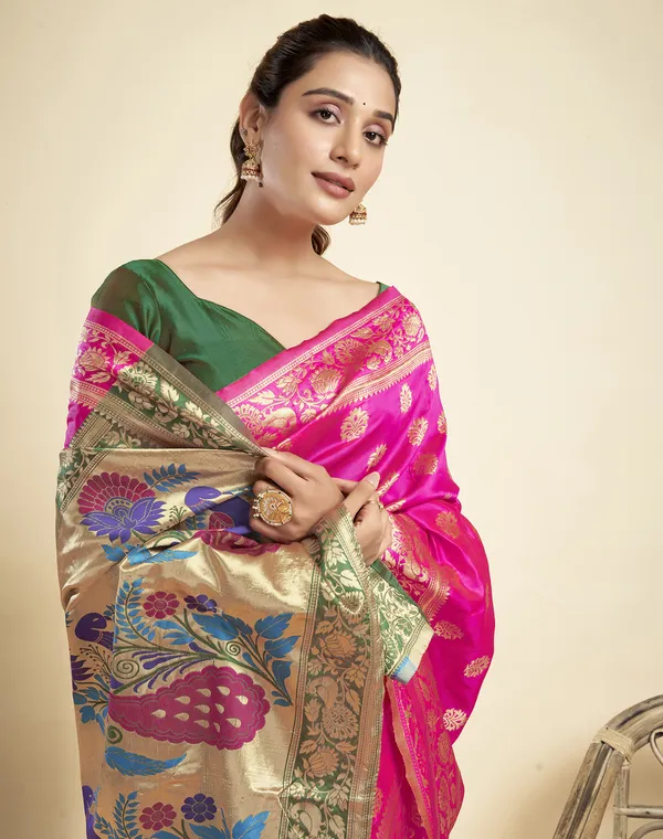 Pink_Elegant_Silk_Blend_Paithani_Saree_With_Unstitched_Blouse_Piece