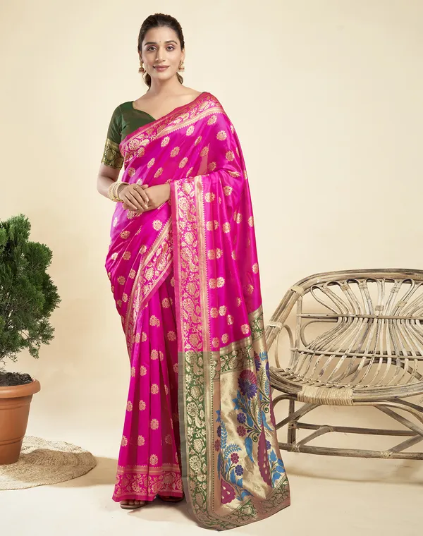 Pink_Elegant_Silk_Blend_Paithani_Saree_With_Unstitched_Blouse_Piece