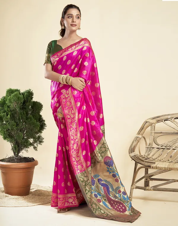 Pink_Elegant_Silk_Blend_Paithani_Saree_With_Unstitched_Blouse_Piece
