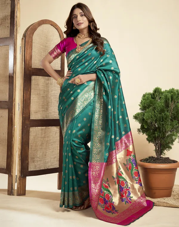 Teal_Luxurious_Silk_Blend_Paithani_Saree_With_Unstitched_Blouse_Piece
