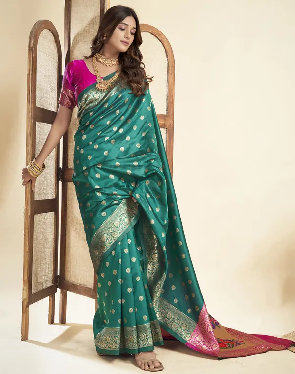 Teal_Luxurious_Silk_Blend_Paithani_Saree_With_Unstitched_Blouse_Piece