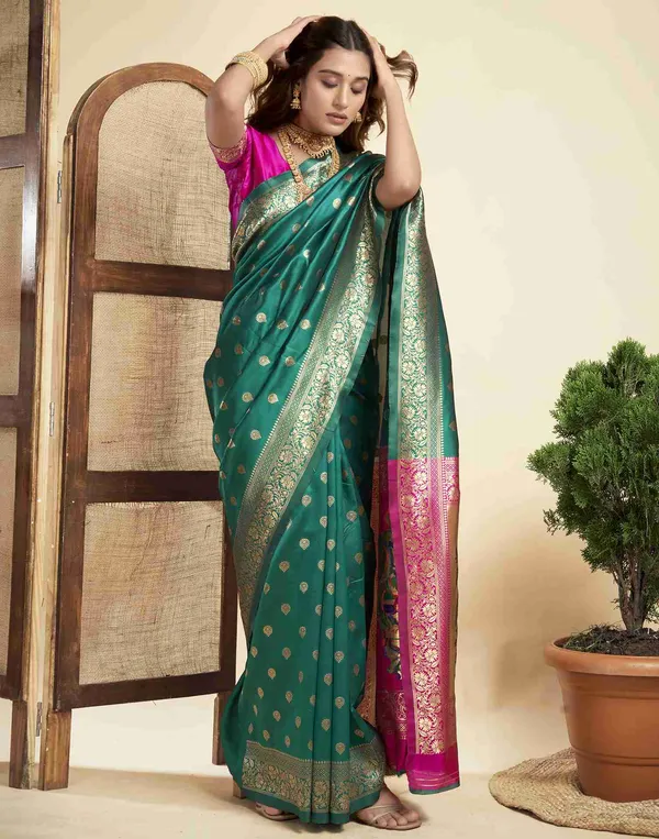 Teal_Luxurious_Silk_Blend_Paithani_Saree_With_Unstitched_Blouse_Piece