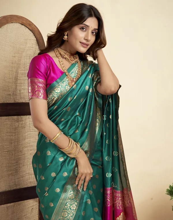 Teal_Luxurious_Silk_Blend_Paithani_Saree_With_Unstitched_Blouse_Piece