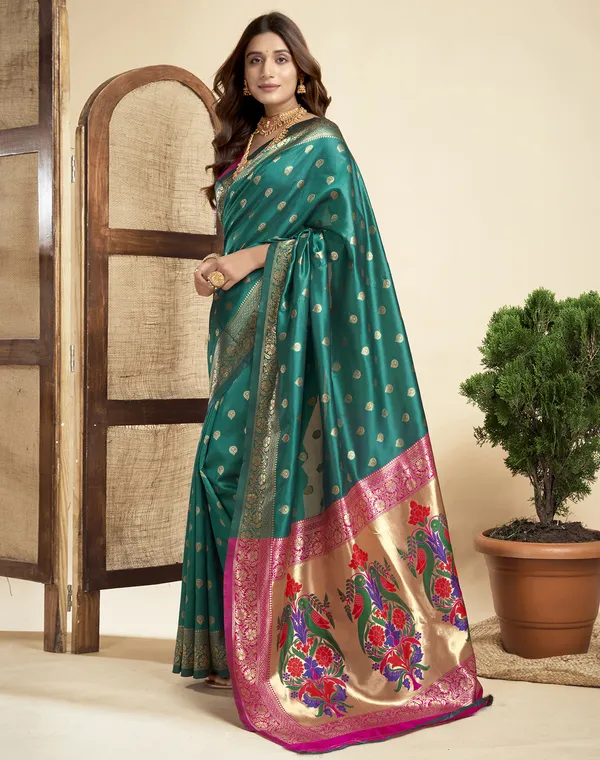 Teal_Luxurious_Silk_Blend_Paithani_Saree_With_Unstitched_Blouse_Piece