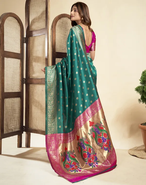 Teal_Luxurious_Silk_Blend_Paithani_Saree_With_Unstitched_Blouse_Piece