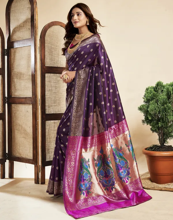 Wine_Luxurious_Silk_Blend_Paithani_Saree_With_Unstitched_Blouse_Piece