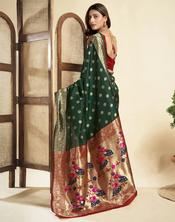 Dark_Green_Silk_Blend_Paithani_Saree_With_Unstitched_Blouse_Piece