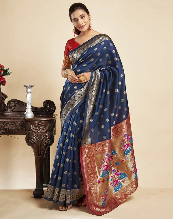 Navy_Blue_Silk_Blend_Paithani_Saree_With_Unstitched_Blouse_Piece