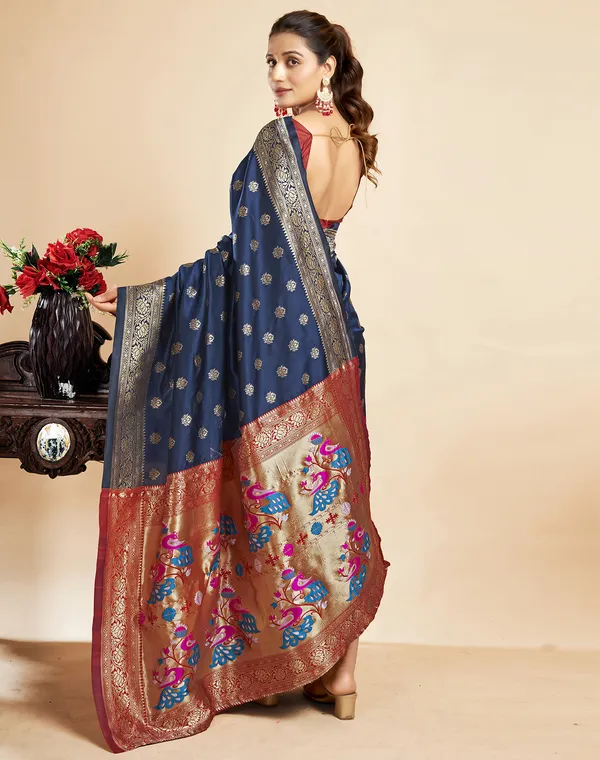 Navy_Blue_Silk_Blend_Paithani_Saree_With_Unstitched_Blouse_Piece