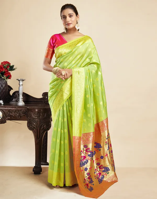 Lemon_Yellow_Silk_Blend_Paithani_Saree_With_Unstitched_Blouse_Piece