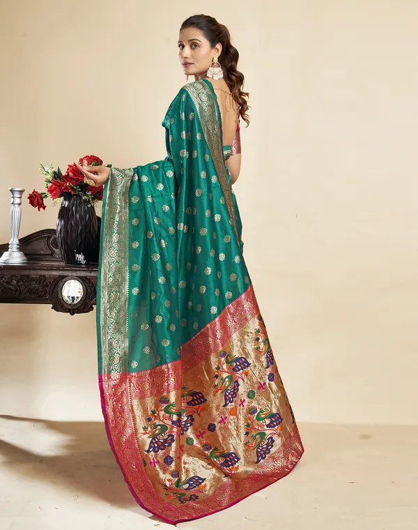 Teal_Ornate_Silk_Blend_Paithani_Saree_With_Unstitched_Blouse_Piece