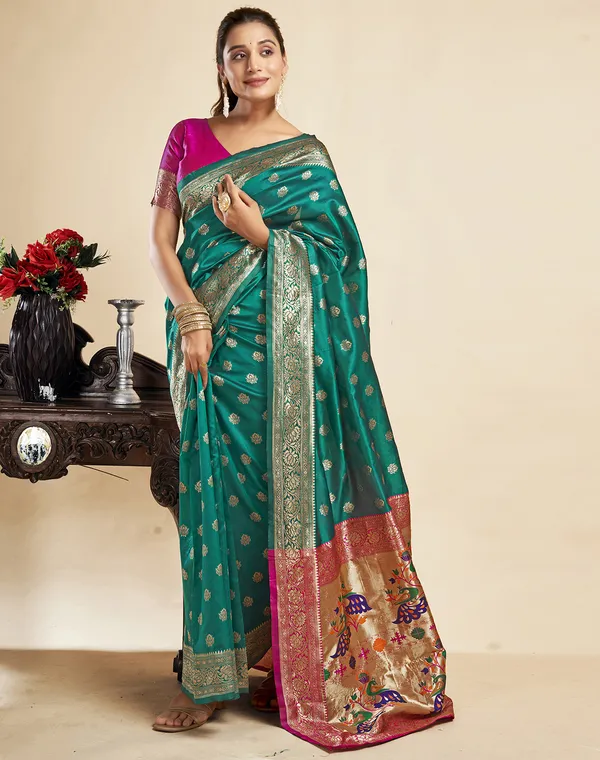 Teal_Ornate_Silk_Blend_Paithani_Saree_With_Unstitched_Blouse_Piece