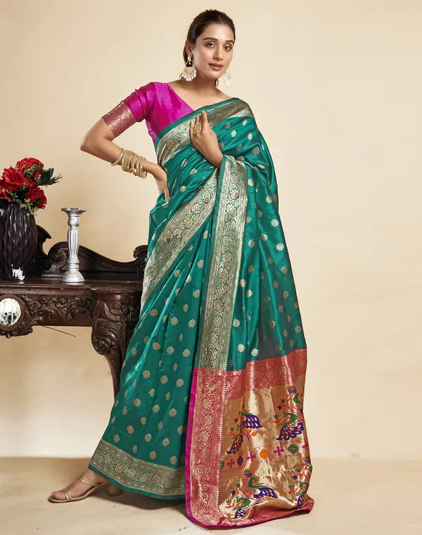 Teal_Ornate_Silk_Blend_Paithani_Saree_With_Unstitched_Blouse_Piece