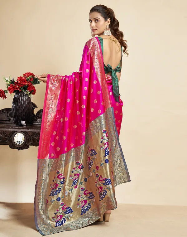 Pink_Ornate_Silk_Blend_Paithani_Saree_With_Unstitched_Blouse_Piece