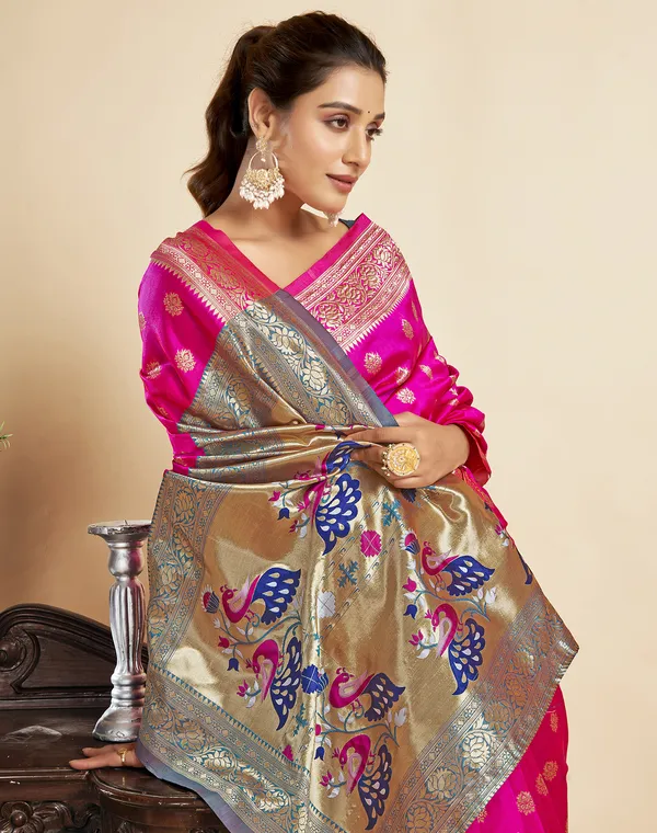 Pink_Ornate_Silk_Blend_Paithani_Saree_With_Unstitched_Blouse_Piece