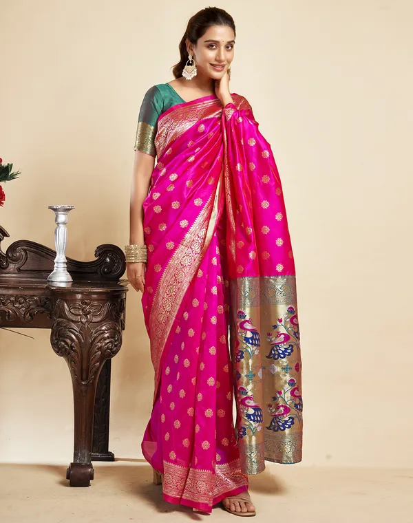 Pink_Ornate_Silk_Blend_Paithani_Saree_With_Unstitched_Blouse_Piece