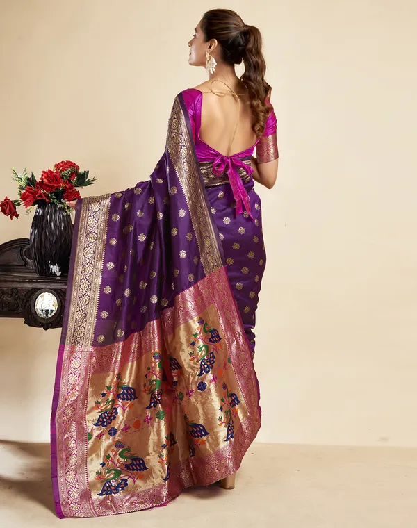 Wine_Ornate_Silk_Blend_Paithani_Saree_With_Unstitched_Blouse_Piece