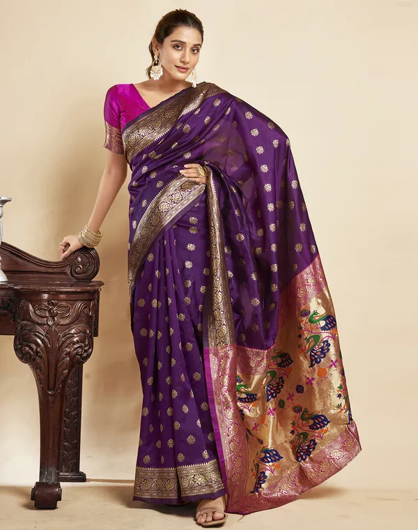Wine_Ornate_Silk_Blend_Paithani_Saree_With_Unstitched_Blouse_Piece