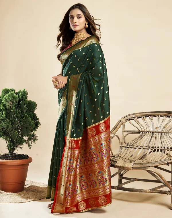 Dark_Green_Silk_Blend_Paithani_Saree_With_Unstitched_Blouse_Piece