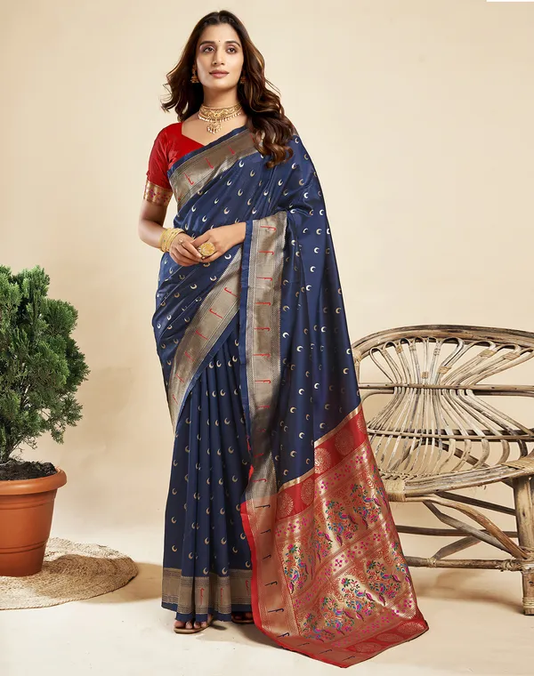 Navy_Blue_Silk_Blend_Paithani_Saree_With_Unstitched_Blouse_Piece