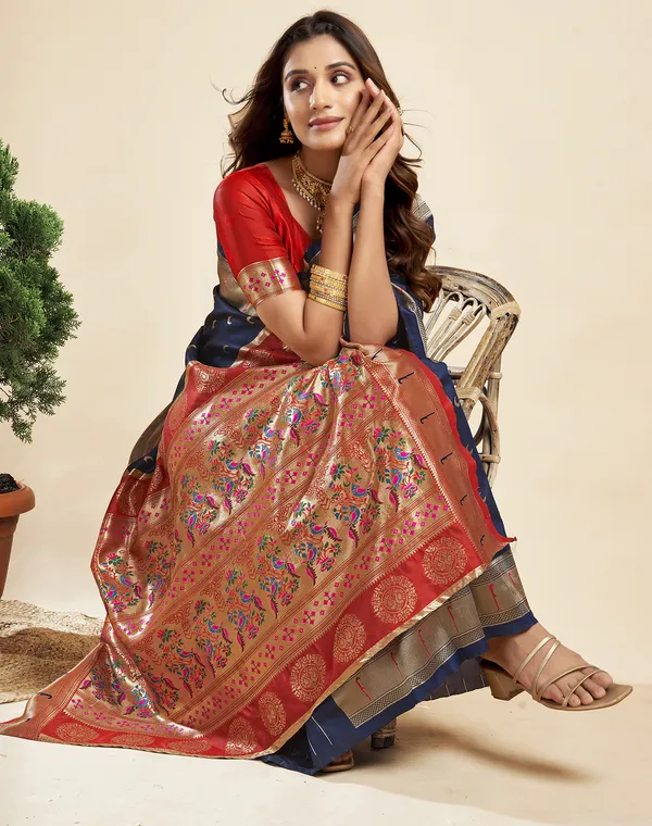 Navy_Blue_Silk_Blend_Paithani_Saree_With_Unstitched_Blouse_Piece
