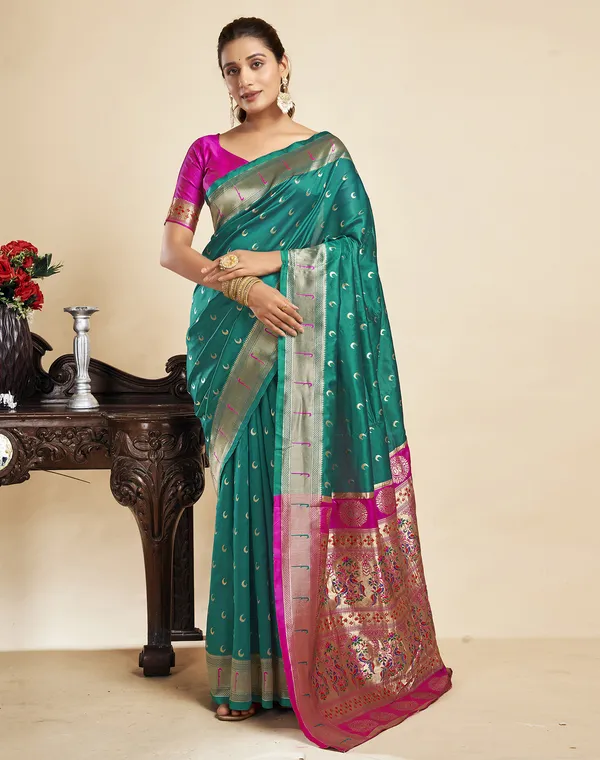 Teal_Silk_Blend_Paithani_Saree_With_Unstitched_Blouse_Piece