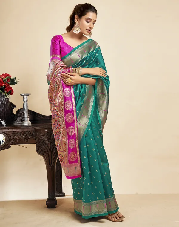Teal_Silk_Blend_Paithani_Saree_With_Unstitched_Blouse_Piece