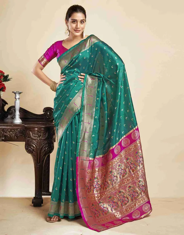 Teal_Silk_Blend_Paithani_Saree_With_Unstitched_Blouse_Piece